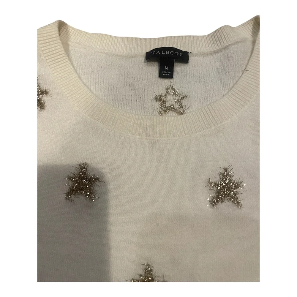 Talbots‎ Womens Cream Gold Tinsel Star Embroidered Crewneck Sweater M Holiday